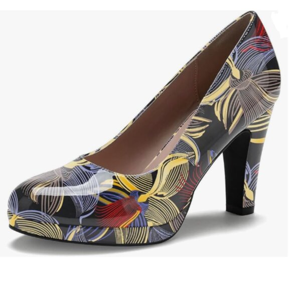 miss left Graffiti Low Platform Chunky High Heel Slip On Round Toe Pump Shoes - Picture 1 of 8